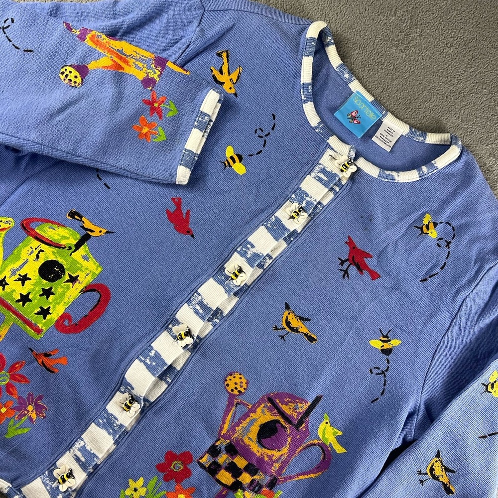 VTG Women's Sweater Buttoned Birdhouse Floral Blue L